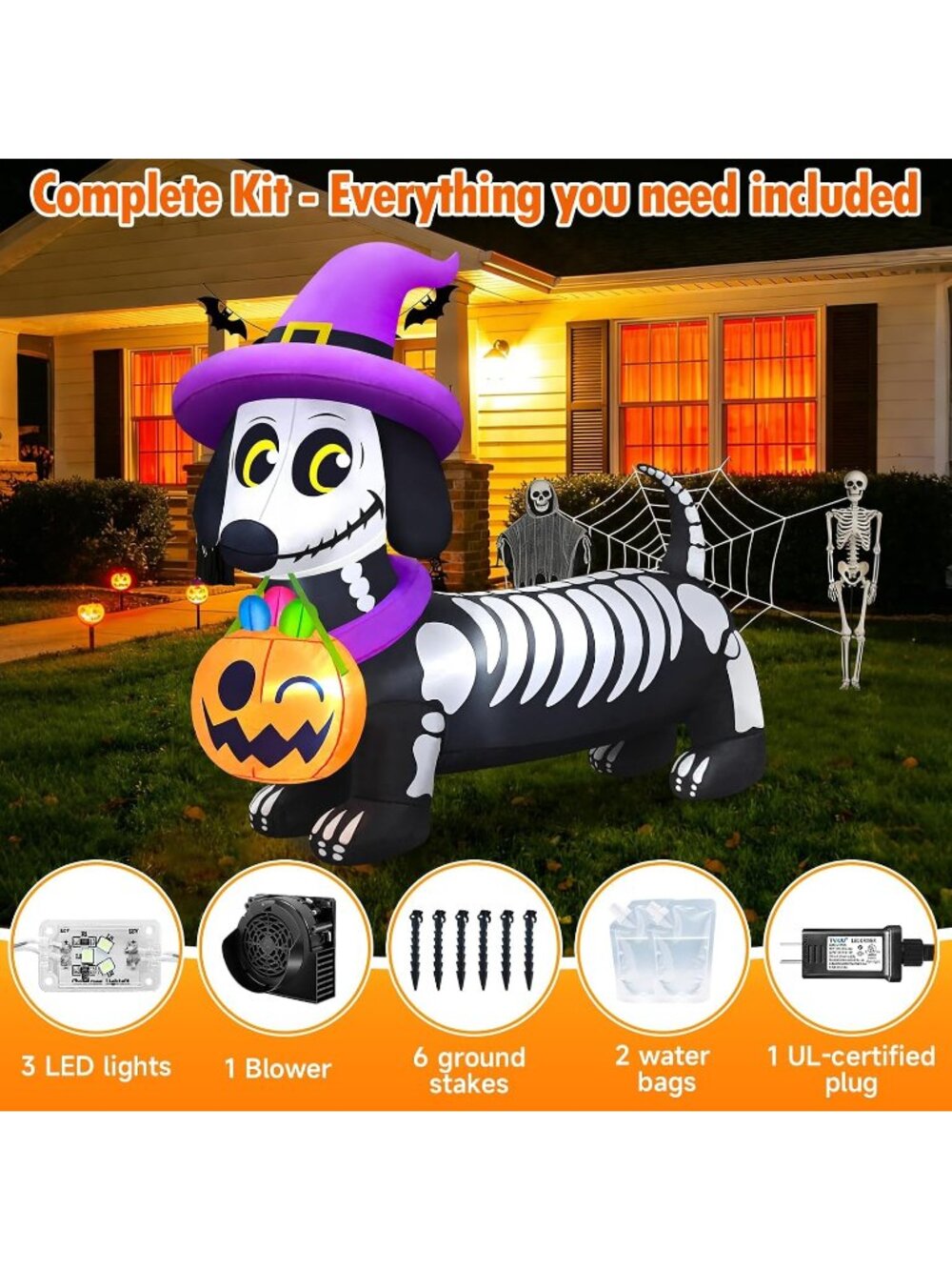 🎃 5FT Skeleton Dachshund Weiner Dog Halloween Inflatables Outdoor Decorations - Picture 4 of 6